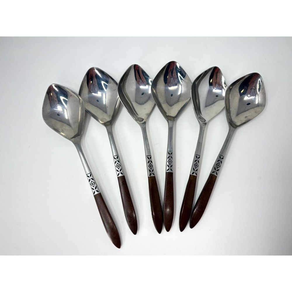 Set of 6 Epic EKCO Eterna Diamond Bowl Soup Spoons Wood Handle MCM Stainless